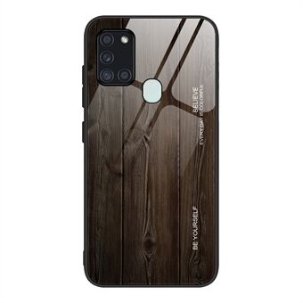 Wood Grain Pattern TPU+Tempered Glass Back Shell for Samsung Galaxy A21s