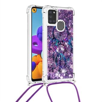Pattern Printed Quicksand Glitter Sequins TPU Phone Case Protector with Strap for Samsung Galaxy A21s (EU Version)