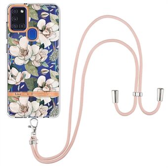 YB IMD Series Flower Patterns TPU-telefondeksel for Samsung Galaxy A21s, lanyard galvanisert IML-telefonbeskyttelsesdeksel