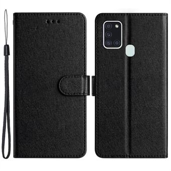 Silk Texture Case for Samsung Galaxy A21s Folio Flip Leather Wallet Stand Shell med håndstropp