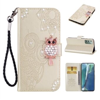 Rhinestone Decor Imprint Owl Flower Leather Wallet Stand Case for Samsung Galaxy Note 20 5G / Galaxy Note 20