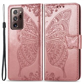 For Samsung Galaxy Note20 Ultra / Stand Ultra 5G påtrykt sommerfuglmønster PU-skinnveske Full beskyttelsesstativ Lommebokdeksel med stropp