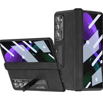 For Samsung Galaxy Z Fold2 5G hengselbeskyttelse Kickstand-veske Nappa Texture PU-skinn + PC-støtsikkert telefondeksel med herdet glassfilm