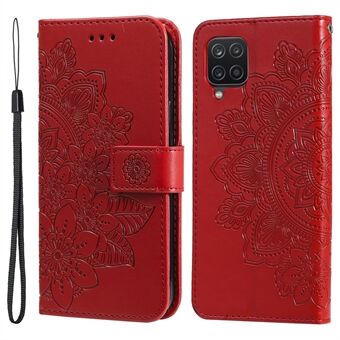 PU-skinn avtrykk blomstermønster lommebok telefonveske med snor for Samsung Galaxy A12 / M12 / F12