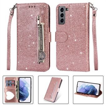 Flash Powder Glidelås Lomme Lommebok Flip Lær Telefonveske med stropp for Samsung Galaxy S21 5G