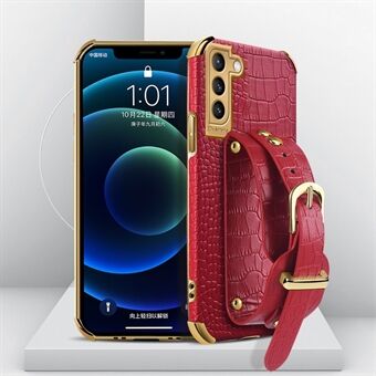 6D krokodille tekstur PU lærbelagt TPU galvanisert telefonveske med håndleddsstropp til Samsung Galaxy S21 5G