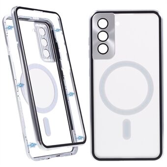 For Samsung Galaxy S21 5G Dobbeltsidig beskyttelsesdeksel Magnetisk metallramme Herdet glass bak frostet PC-telefondeksel