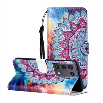 Glossy, preget mønstret lommebok-telefondeksel med stropp for Samsung Galaxy S21 Ultra 5G
