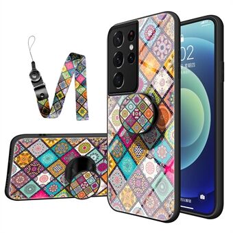 Colorful Flower Print Glass Hybrid telefonetui Protector med Stand Lanyard for Samsung Galaxy S21 Ultra 5G