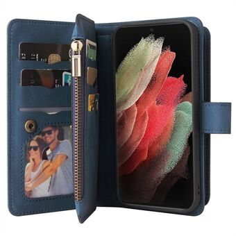 TPU-ramme + flip-veske i skinn Skin-touch Feel-telefondeksel med glidelåslomme og flere kortspor for Samsung Galaxy S21 Ultra 5G