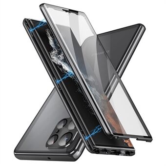 For Samsung Galaxy S21 Ultra 5G dobbeltsidig herdet glassveske Magnetisk metallramme telefondeksel med låsespenne