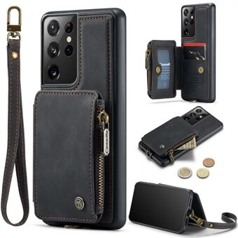 CASEME C20-serien for Samsung Galaxy S21 Ultra 5G RFID-blokkerende lommebok Kickstand Glidelåslomme Telefonveske Anti-dråpe lærbelagt TPU-deksel med stropp
