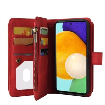 KT Multi-functional Series-2 Multiple Card Slots Håndfri Stand Mobiltelefon Flip-deksel for Samsung Galaxy A52s 5G/A52 4G/5G, skinnveske med skinnberøring med glidelåslomme - rød