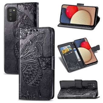 Wallet Design Imprint Big Butterfly Leather Stand Phone Shell for Samsung Galaxy A02s (EU versjon)
