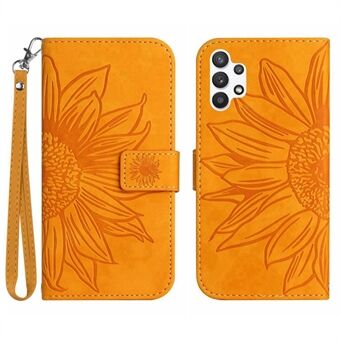 For Samsung Galaxy A32 4G (EU-versjon) HT04 Skin-Touch PU Leather Full Protection Lommebokveske Preget Sunflower Justerbart Stand med håndstropp