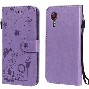 Magnetisk lukking KT Imprinting Flower Series-4 Cat and Bee Pattern Imprinting Leather Wallet Stand for Samsung Galaxy Xcover 5