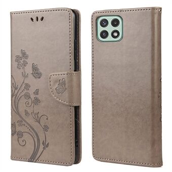 Påtrykt Butterfly PU Leather Flip Wallet Case Cover Stand med håndleddsstropp for Samsung Galaxy A22 5G (EU-versjon)