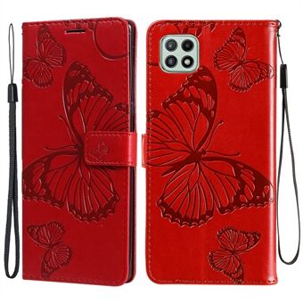 KT Imprinting Flower Series-2 Leather Wallet Stand med sommerfuglemønsteravtrykk for Samsung Galaxy A22 5G (EU-versjon)