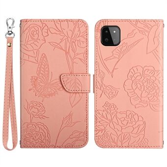 For Samsung Galaxy A22 5G (EU-versjon) Telefonveske med Stand Butterfly Flower-påtrykt PU-skinn lommebokstativdeksel med håndleddsstropp
