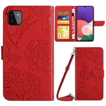 Imprinting Butterfly Flower Phone Deksel for Samsung Galaxy A22 5G (EU-versjon), Skulderrem Design Skin-touch PU-skinn lommebokstativ Anti - Stand