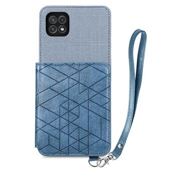 For Samsung Galaxy A22 5G (EU-versjon) Anti-slipp telefonveske Kickstand PU-skinn + TPU-geometri påtrykt lommebokdeksel med stropp