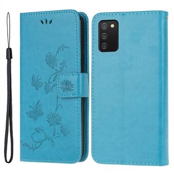 Imprint Flower Butterfly Pattern Leather Wallet Stand Deksel med snor for Samsung Galaxy A03s (166,5 x 75,98 x 9,14 mm)