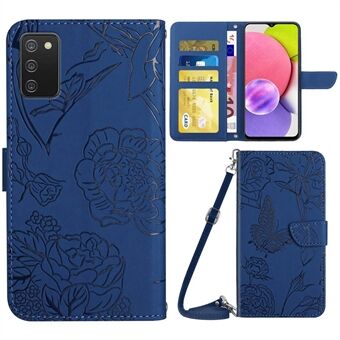 Telefondeksel til Samsung Galaxy A03s (166,5 x 75,98 x 9,14 mm), PU-lær med påtrykt sommerfugl- og blomstermønster, lommebokstil med justerbar stativ og skulderrem.