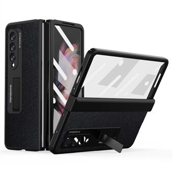 For Samsung Galaxy Z Fold3 5G Cross Texture Kickstand Hengsel Telefonveske PU-skinnbelagt PC-deksel med skjermbeskytter i herdet glass