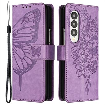 YB Imprinting Series-4 for Samsung Galaxy Z Fold3 5G PU Leather Flip beskyttende telefonveske Butterfly Flower Stand lommebokstativ Foliodeksel med stropp