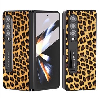 ABEEL For Samsung Galaxy Z Fold3 5G Kickstand Bakdeksel Leopardmønster PU-skinn+PC-telefonveske med herdet glassfilm