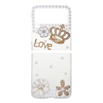 Crown Flower Sticking Diamond Pearls Decor Anti-Drop Stilig hardt PC-beskyttende telefondeksel for Samsung Galaxy Z Flip3 5G