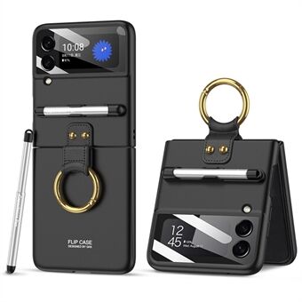 GKK For Samsung Galaxy Z Flip3 5G Ring Kickstand Sammenleggbar PC-veske Kamera Lens Film Telefondeksel med Stylus Pen