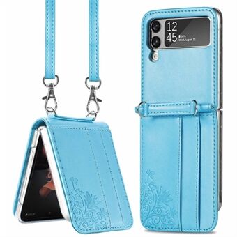 For Samsung Galaxy Z Flip3 5G Flower Imprinted PU Leather + PC Folding Telefonveske med kortspor/skulderstropp
