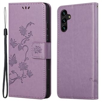 Butterfly Flower Imprinting Leather Phone Wallet Stand Shell med stropp for Samsung Galaxy A13 5G / A04s 4G (164,7 x 76,7 x 9,1 mm)