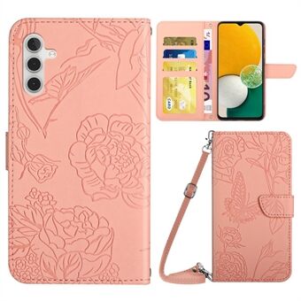 Imprinting Butterfly Flower Phone Case for Samsung Galaxy A13 5G / A04s 4G (164,7 x 76,7 x 9,1 mm), Skulderrem Design Anti- Scratch PU-skinn Stand Skin-touch deksel