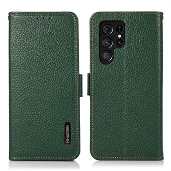 KHAZNEH Full beskyttelse Anti-tyveri Swiping Design Litchi Texture ekte skinn telefonveske for Samsung Galaxy S22 Ultra 5G