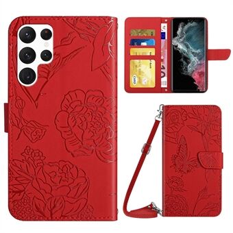 For Samsung Galaxy S22 Ultra 5G Butterfly Flowers Imprinting PU Leather Phone Shell, Pattern Imprinting Design Lommebok Justerbar Stand med skulderstropp