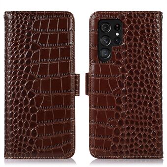 For Samsung Galaxy S22 Ultra 5G Full beskyttelse RFID-blokkering Ekte kuskinn lommebok telefondeksel, krokodille tekstur Stand Magnetisk flip folioveske