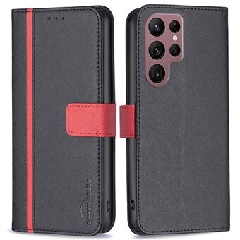 BINFEN FARGE For Samsung Galaxy S22 Ultra 5G BF Leather Series-9 Style 13 Splicing Cross Texture PU Leather Stand Flip Case Telefonlommebokdeksel