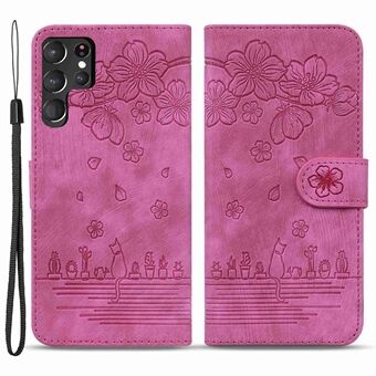 For Samsung Galaxy S22 Ultra 5G Anti-fall telefon lommebokveske Cherry Blossom Cat trykt PU-skinnstativ Stand Mobildeksel med stropp