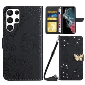 For Samsung Galaxy S22 Ultra 5G Butterfly Flowers Imprinting PU Leather TPU Case Rhinestone Decor Telefondeksel med Stand og skulderstropp