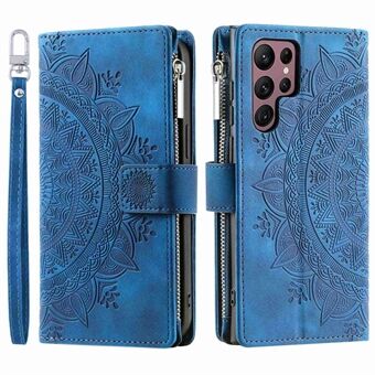 For Samsung Galaxy S22 Ultra 5G Zipper Pocket Telefonveske, Mandala Flower Imprinted PU Lær Stand Flere kortspor Lommebok