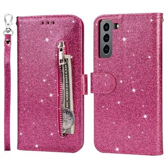Glitter paljetter Lær telefon lommebok Stand deksel med glidelås lommedesign for Samsung Galaxy S22 5G