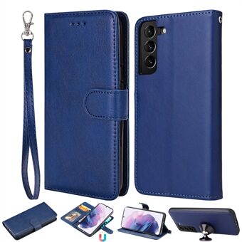 For Samsung Galaxy S22 5G Avtakbart skinnbelagt TPU-telefonveske Sammenleggbart Stand Lommebok lærdeksel med stropp
