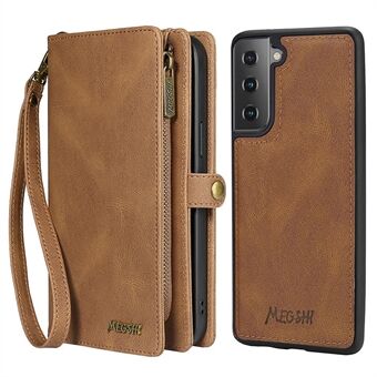 MEGSHI 017-serien multifunksjons lommebokveske for Samsung Galaxy S22 5G, PU-skinn 2-i-1 avtakbar magnetisk flip håndleddsrem beskyttende deksel med glidelåslomme
