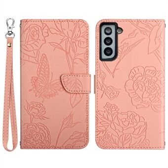 Imprinting Butterfly Flower-telefonveske for Samsung Galaxy S22 5G, lommebokstativ med Stand PU-skinndeksel med håndstropp