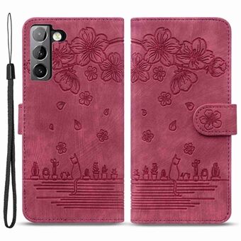 For Samsung Galaxy S22 5G Anti-fall Scratch telefonlommebokveske Cherry Blossom Cat påtrykt PU-skinnstativ Stand Mobildeksel med stropp
