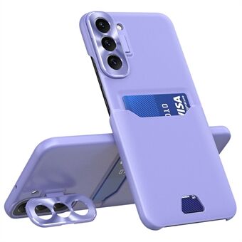 For Samsung Galaxy S22 5G-kortholder Design PU-skinn + PC-telefonveske Metalllinseramme Stativ Anti-dråpedeksel
