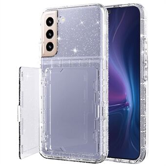 For Samsung Galaxy S22 5G Cardcase Series Glitter Phone Case Kortholder Kickstand fortykket PC + TPU-deksel med speil - Gjennomsiktig