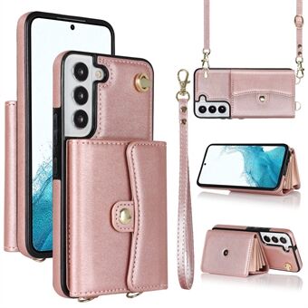 For Samsung Galaxy S22 5G-kortspor Telefonskall PU-skinn+TPU-telefonveske Kickstand-deksel med korte+lange stropper